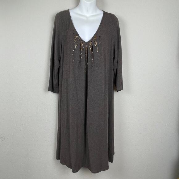 Eileen‎ Fisher Jersey Dress L Taupe Brown Sequin Neck Minimalist 3/4 Sleeve - Picture 1 of 6
